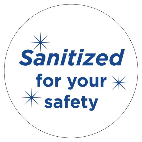 Sanitized Sticker in Blue & White, Plastic Vinyl, 2 in Diameter